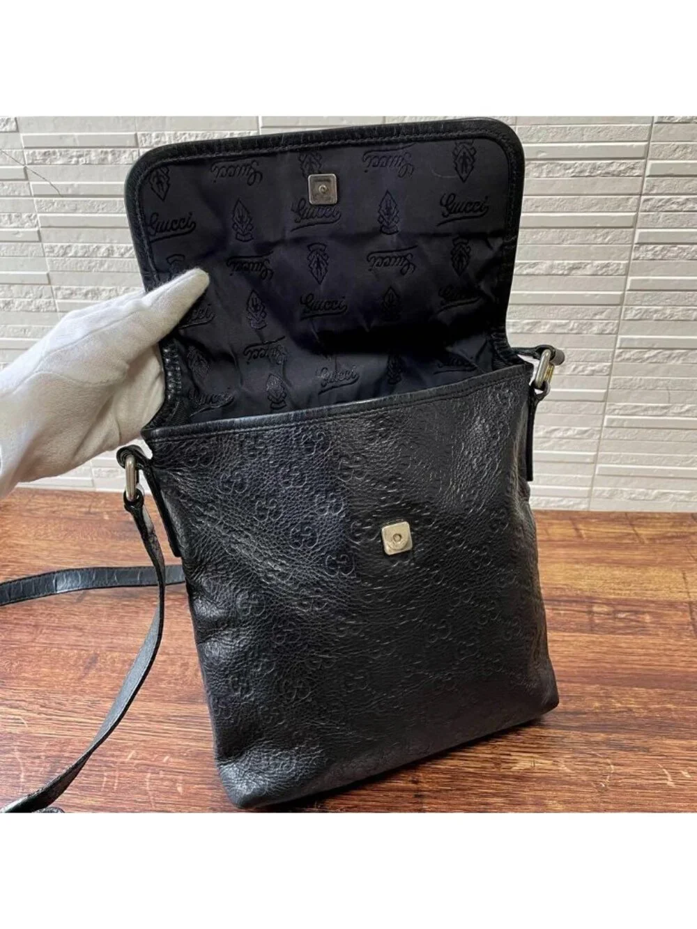 Gucci GG Guccissima Leather Shoulder Bag Messenger All Over Print Black
